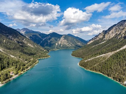 Aerial view of Plansee, Reutte, Ammergau Alps, Tyrol Austria, Plansee, Tyrol, Austria, Europe