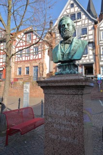Philipp Reis Monument with bust, figure, statue, inscription, Untermarkt, Gelnhausen, Hesse,