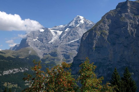 Eiger and Mönch, view of the mountains from Mürren, Jungfrau region, Bernese Oberland, Canton Bern,
