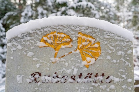 Gravestone with inscription resting place and gingko leaves in the snow, Südwest-Kirchhof, historic