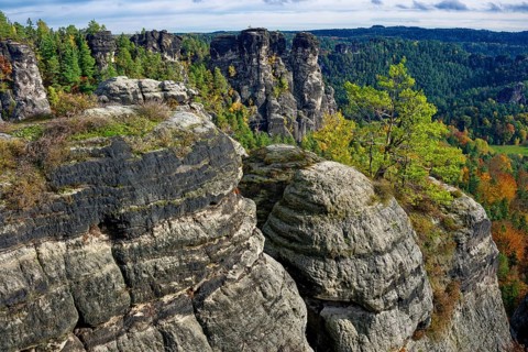 View of the rock formations of Saxon Switzerland from the Ferdinandstein, Lohmen, Elbe Sandstone