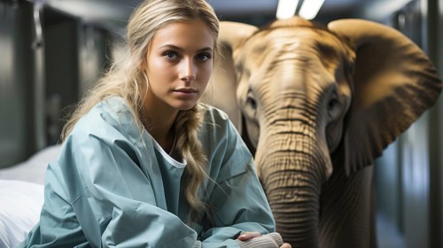 Young female patient on hospital bed ignoring the elephant in the room. generative AI