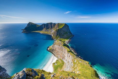 View from Håheia or Håen mountain to mountains and coast, Måstad peninsula, Værøy island, Vaeroy,