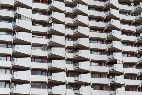 High-rise residential building with balconies and satellite dishes, Trabantenstadt Chorweiler in
