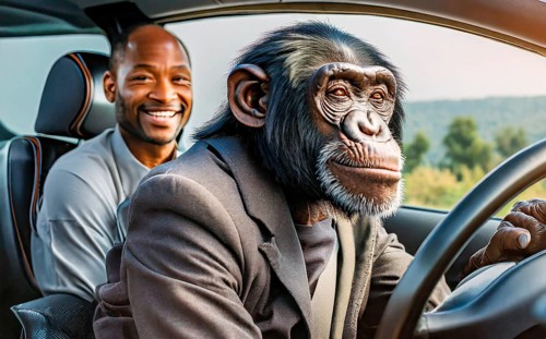A chimpanzee sits at the wheel of a car and chauffeurs a passenger, generated with AI