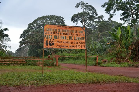 Sign at the entrance to Lobeké National Park, Moloundou District, East Region, Cameroon, Africa