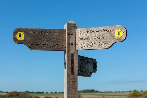 Signpost, Way to Cuckmere Haven, Seven Sisters, South Downs, England, United Kingdom, Europe