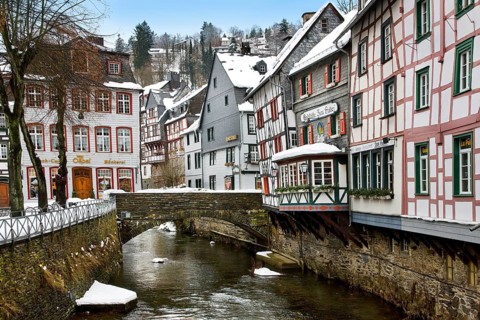 Historic half-timbered houses along the Rur near Monschau, Eifel, North Rhine-Westphalia, Germany,