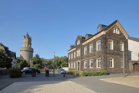 Cathedral square with historic round tower as landmark of Andernach, Rhineland-Palatinate, Upper
