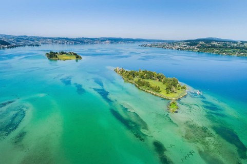 Aerial view of Ufenau Island and Lützelau Island in Lake Zurich, Canton Schwyz and Zurich,