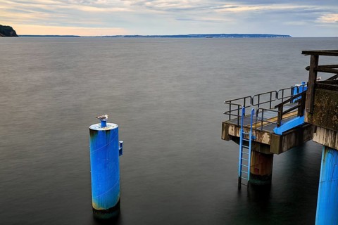 Pier, Sellin pier at dusk, detail, long exposure, Baltic resort Sellin, Rügen Island,