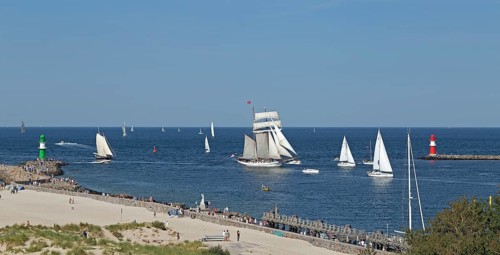 Sailing ships, pier lights, Unterwarnow, Hanse Sail, Warnemünde, Rostock, Mecklenburg-Western