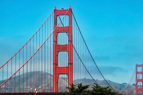 Orange pylon of the suspension bridge, detail, Golden Gate Bridge, San Francisco, California, USA,