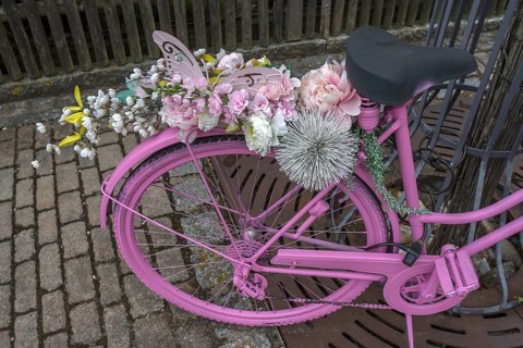 Pink coloured bicycle decorated with artificial flowers, Bavaria, Germany, Europe