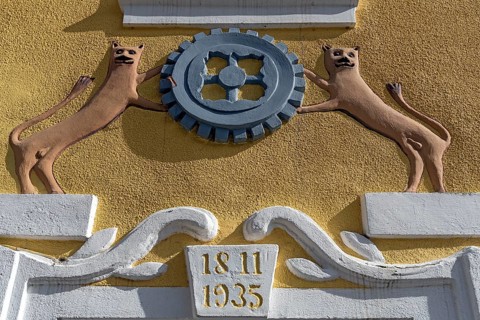 Mill symbol on a former, historic mill from 1811, Egloffstein, Upper Franconia, Bavaria, Germany,