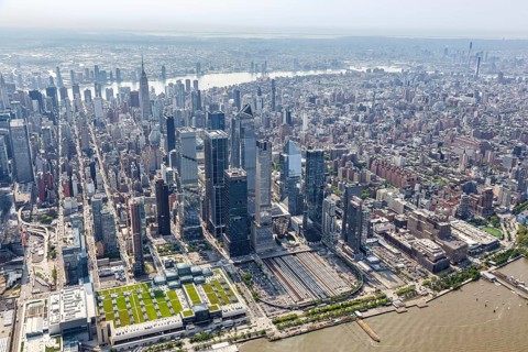 New York City skyline of Manhattan in the Hudson Yards neighbourhood aerial view in New York, USA,