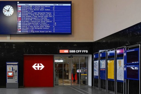 Station entrance SBB ticket counter Digital timetable, Biel, Switzerland, Europe
