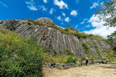 Usson village. Basalt organs. Puy de Dome department. Auvergne-Rhone-Alpes. France