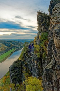 Evening mood, sunset, view to the new Basteiaussicht and the river Elbe, Lohmen, Saxon Switzerland,