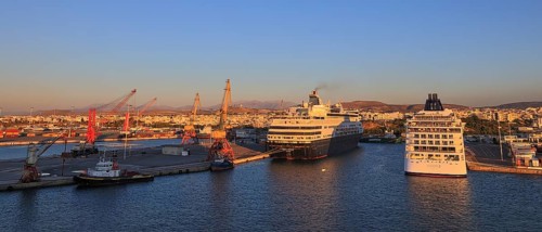 Evening light, ships, ferries, cruise ship, Europa 2, blue sky, harbour, Heraklion, capital, island