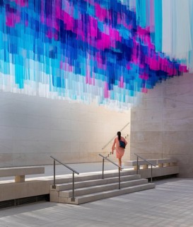 Colourful silk curtains at the CaixaForum, cultural centre in the former Fabrica Casaramona,
