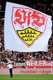 Flag wavers VfB Stuttgart with flag, flag, Mercedes-Benz Arena, Stuttgart, Baden-Württemberg,