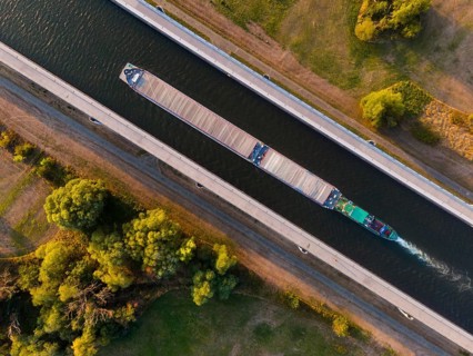 Cargo ship on the Mittelland Canal, Magdeburg waterway junction, canal bridge, Mittelland Canal,