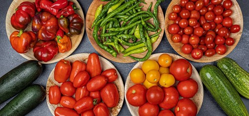 Multiple bowls, Healthy eating, Banner, Vegetables, snake cucumber (Cucumis sativus), Peppers