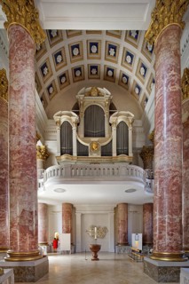 Baptismal font, barrel vault on columns, organ on organ gallery, St. Elisabeth's parish church,