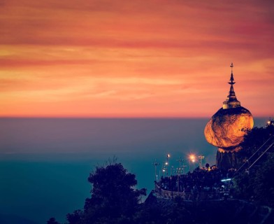 Vintage retro effect filtered hipster style image of Golden Rock, Kyaiktiyo Pagoda, famous Myanmar
