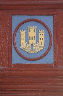 City coat of arms on half-timbered house, wood carving, detail, old town, Limburg, Hesse, Germany,