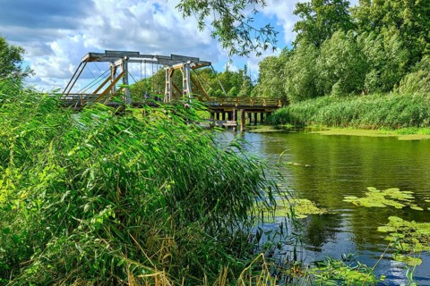 Listed wooden bascule bridge over the Trebel near Nehringen, Mecklenburg-Western Pomerania,