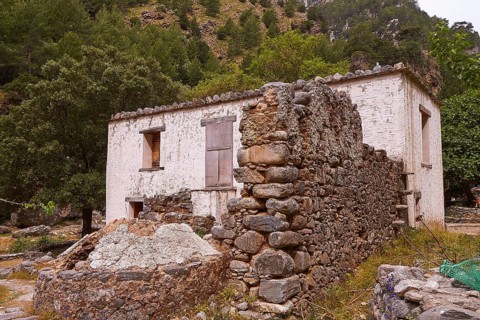 Buildings, stone walls, ruins, Samaria settlement, rest area, Samaria Gorge, Samaria, gorge,