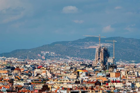 Barcelona, Spain, April 16, 2019: Aerial view of Barcelona city with famous Sagrada Familia