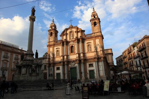 Old Town of Palermo, Church of San Domenico and Marian Column in Piazza San Dominica, Sicily,