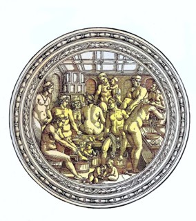Im Frauenbade, bath house, Badeanstalt, woodcut by H.S.Beham, 18th century eroticism, Historic,