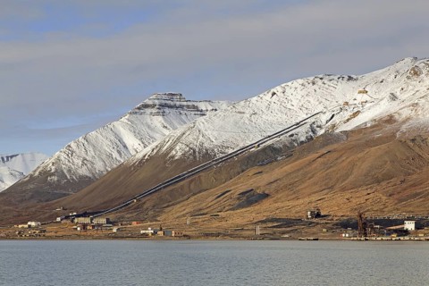 View over Pyramiden, abandoned Soviet coal mining settlement on Svalbard, Spitsbergen