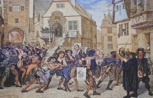 Punishment of domestic discord in the Middle Ages, nasty woman is brought to court on a donkey