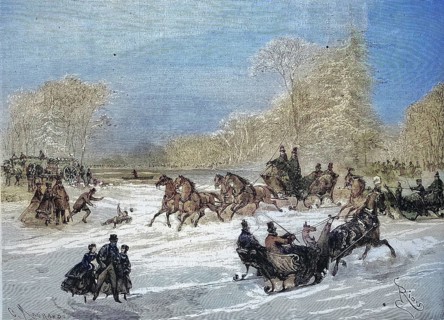 Sleigh Rides in Bois de Boulogne, Horse-drawn Sleighs and Skaters on the Frozen River, 1869,