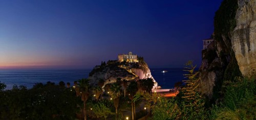 Sea view with the medieval church Santuario di Santa Maria dell Isola di Tropea built on sanctuary