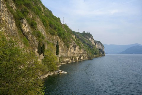 Beautiful cycle path along the eastern shore of Lake Iseo, Province of Brescia, Italy, Europe
