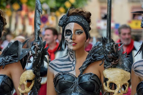 Woman in historic clothing, Moors and Christians Parade, Moros y Cristianos, Jijona or Xixona,