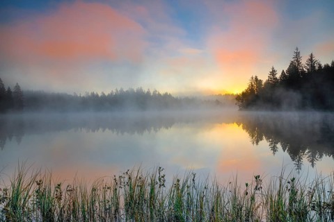 Sunrise with wafts of mist over the mirror-smooth moorland lake Étang de la Gruère in the canton of