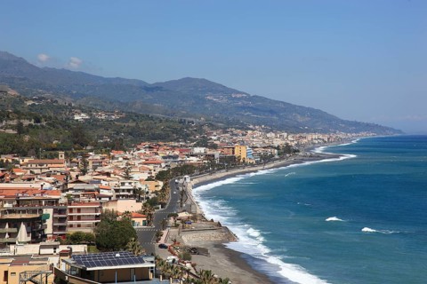 View from Taormina to the coast near Letojanni, Sicily, Italy, Europe