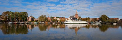 Panorama of the old town of Leer with town hall and museum harbour, river Leda, Leer, East Frisia,