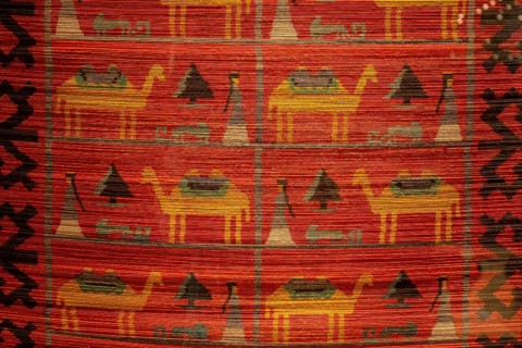 Traditional carpet with pattern, exhibition in the State History Museum, interior view, Bishkek,