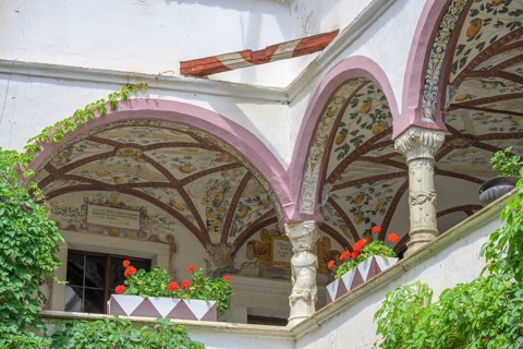 Arcade in the inner courtyard, Churburg Castle, Schluderns, South Tyrol, Italy, Europe