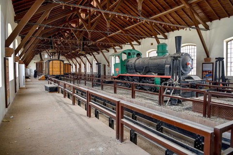 Historic train of the Hejaz Railway in a renovated station building of Hegra, Madaa in Salih, AlUla