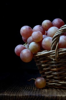 Red grape vine (Vitis vinifera) in baskets against a dark background