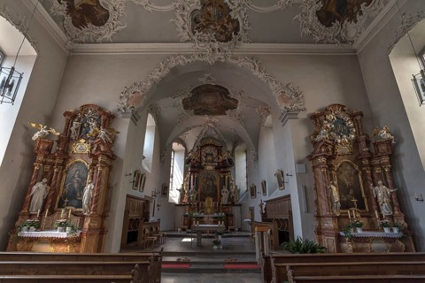 Side altars and altar, Parish Church of St. Michael, built from 1713-32, Zeil am Main, Lower